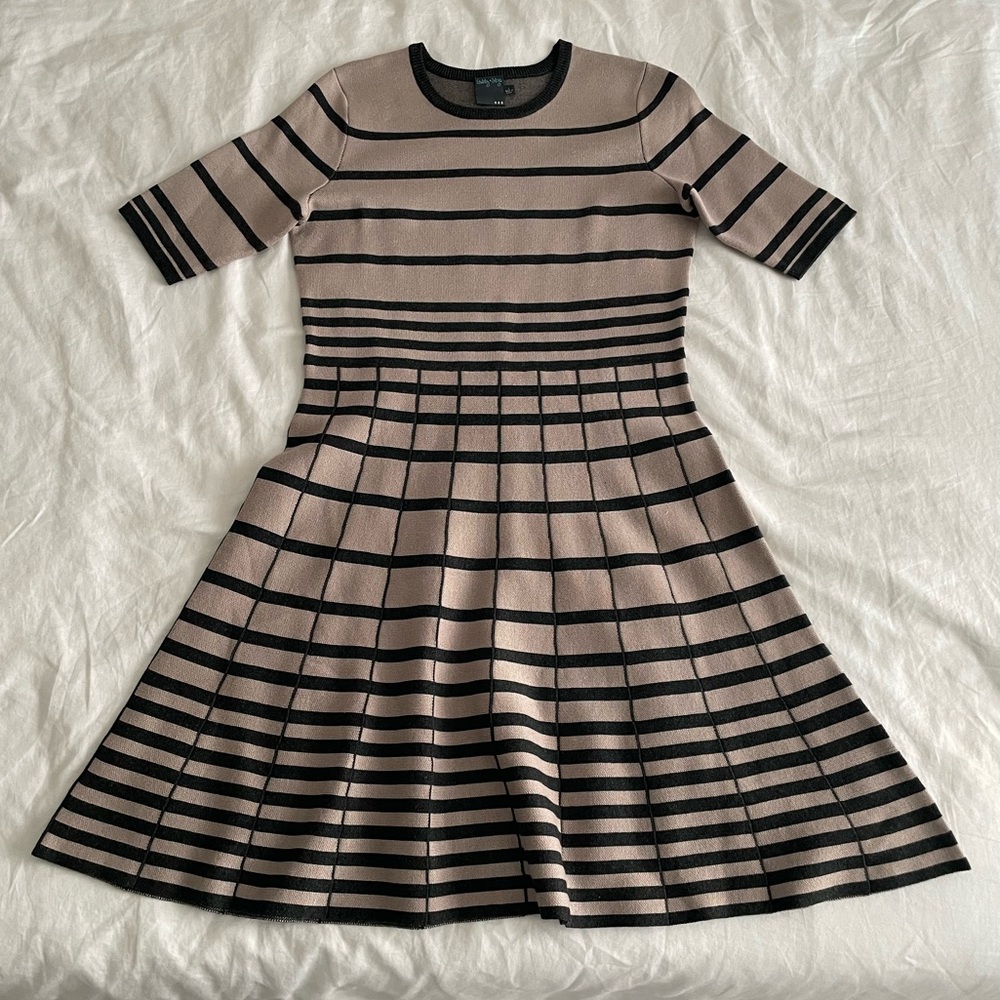 Gabby Skye Black and Tan Striped Midi Dress